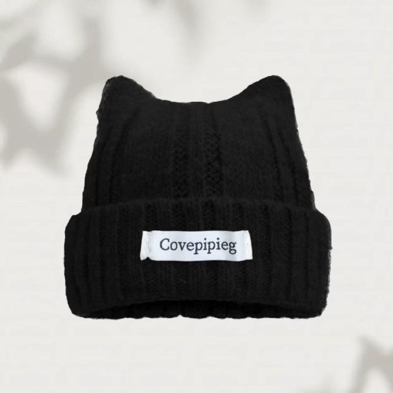 Cat Ear Beanie for Women Winter Warm Ear Protection Hat Solid Color Crochet Bonnet Sweet Girl Knit Pullover Cap Skullcaps
