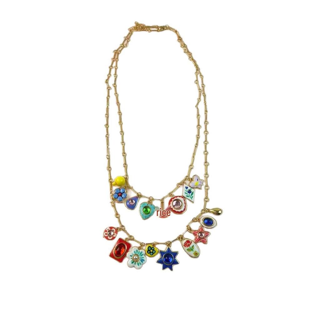 European Bohemian Enamel Flower Necklace - Hand-painted, Multi-layer Stackable Design for Women
