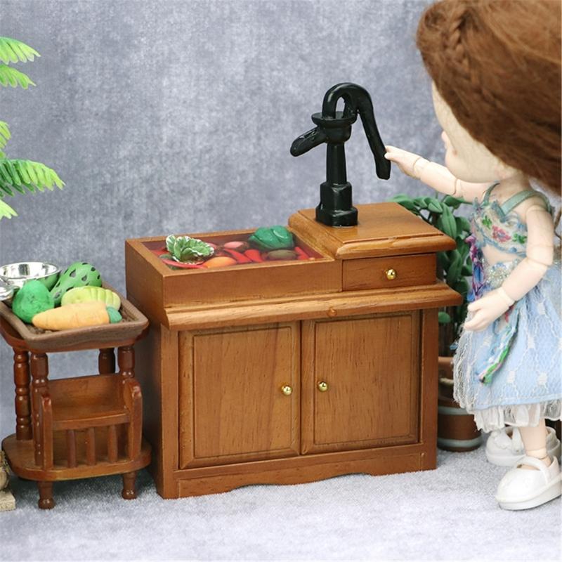 1/12 Miniature Sink Cabinet Wood Water Sink with Faucet And Storage Drawer For Doll House Kitchen Scene Decoration