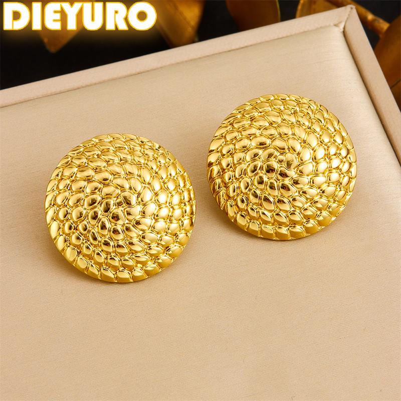 DIEYURO 316L Stainless Steel Golden Exaggerated Woven Texture Circular Earring Womens New Trend Fashion Ear Buckle Jewelry Gift