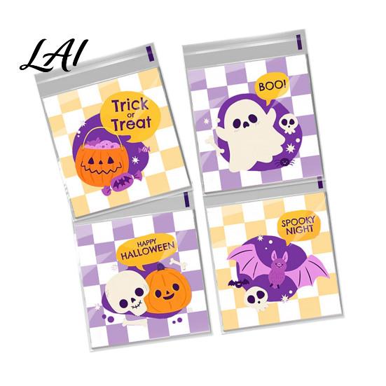 Self Adhesive Treat Bags 100 Pcs Small Halloween Bags Seal Clear Candy Dessert Snack Cookie Trick or Party Favors for Holiday Cute Cartoon Pouches