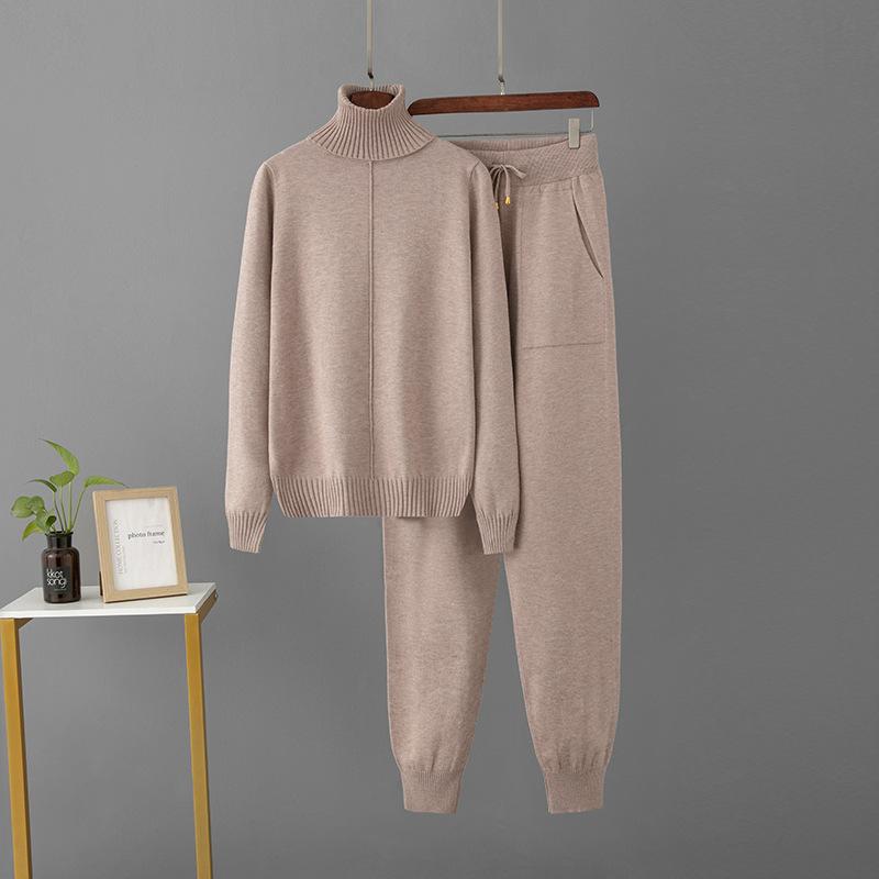 Candy Color Knitted 2 Piece Sets Women Turtleneck Knitwears Sweater Pullover Tops High Waist Casual Harem Pants Outfit