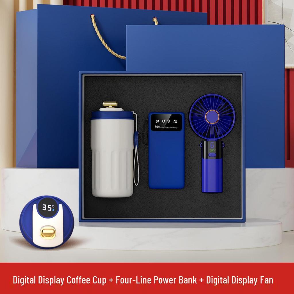 Digital Display Coffee Cup & Handheld Fan Business Gift Set for Leaders & Colleagues - Customizable with Logo