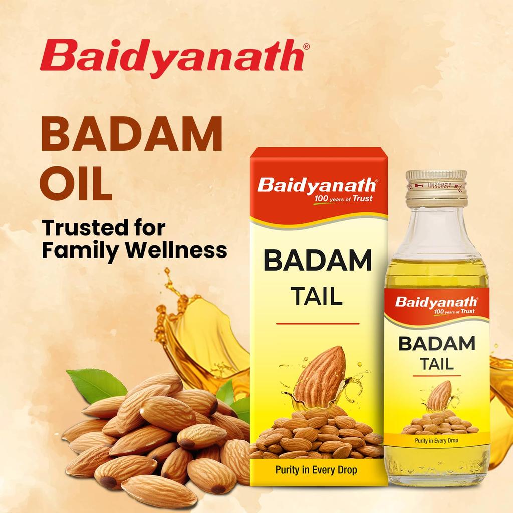 Baidyanath Ayurved Badam Tail 50ml Sweet Almond Hair & Skin Oil Vitamin E Rich Moisturizing Massage Oil Pack of 1