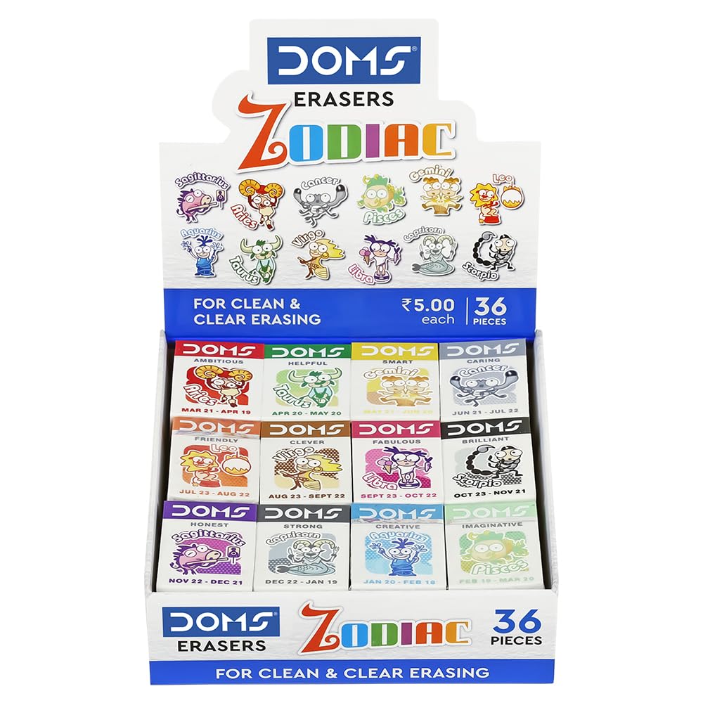 

Doms Zodiac Colorful Erasers Pack of 36 Pc Non Toxic Rubber Erasers for School Kids Students Clean Erasing Stationery Gift