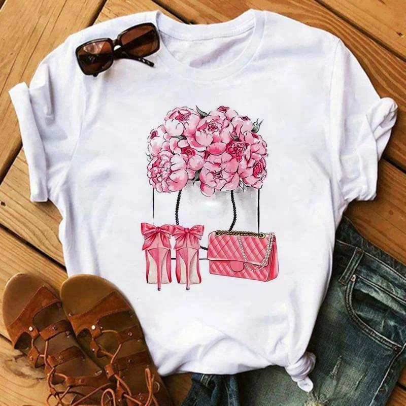 Pink Highheeled Shoes Printed Hemmed DressTshirt Fashionable Lady Alicestyle Shortsleeved Top Shortsleeved Tshirt Womens S