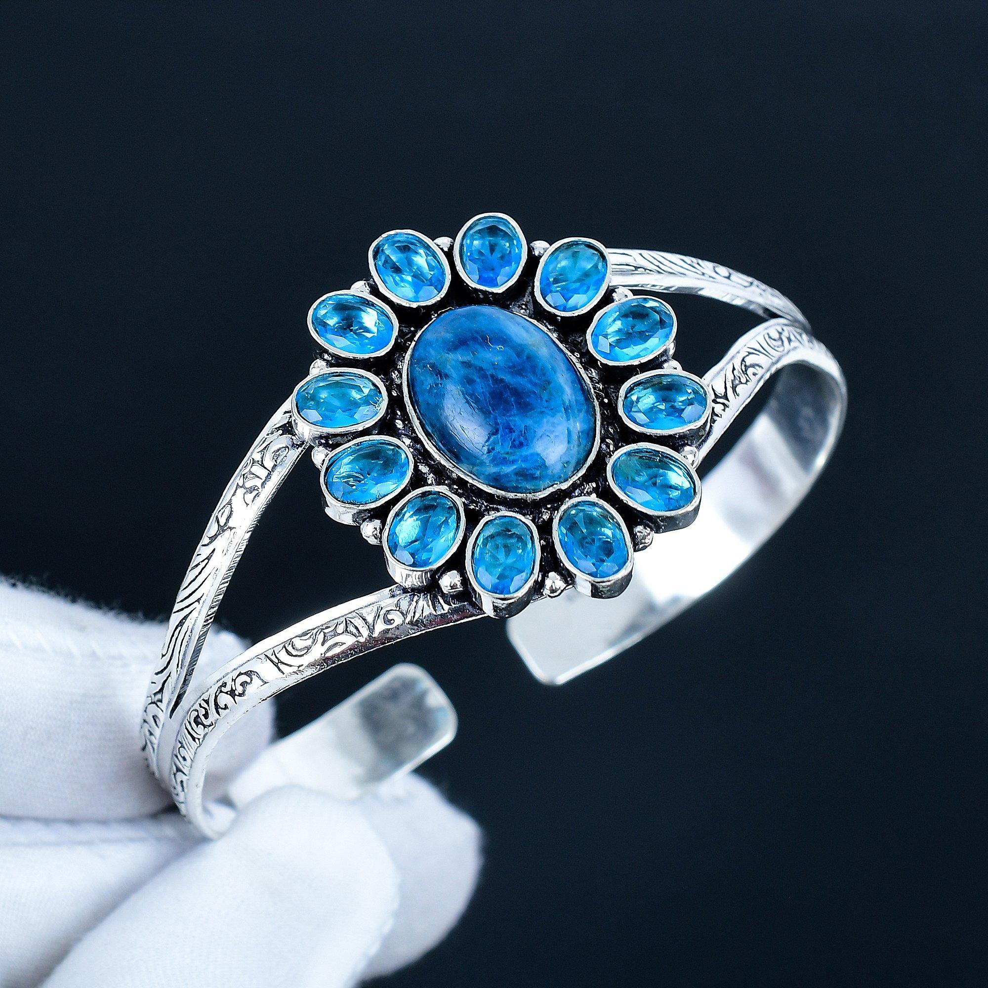 

Natural Blue Apatite Gemstone Handmade Cuff Bangle 925 Sterling Silver Cuff Bangle, Blue Topaz Flower Shape Bracelet For Wife, Unisex Bangle 7 синий