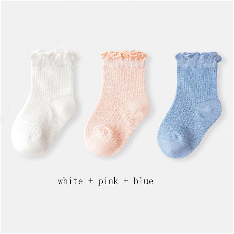 3 Pary/Partia Letnie Dziecięce Siateczkowe Cienkie Skarpetki Jednolite Miękkie Bawełniane Skarpetki Noworodkowe Księżniczka Falbanka Niemowlę Maluch Dziewczynki Śliczne Oddychające Skarpetki
