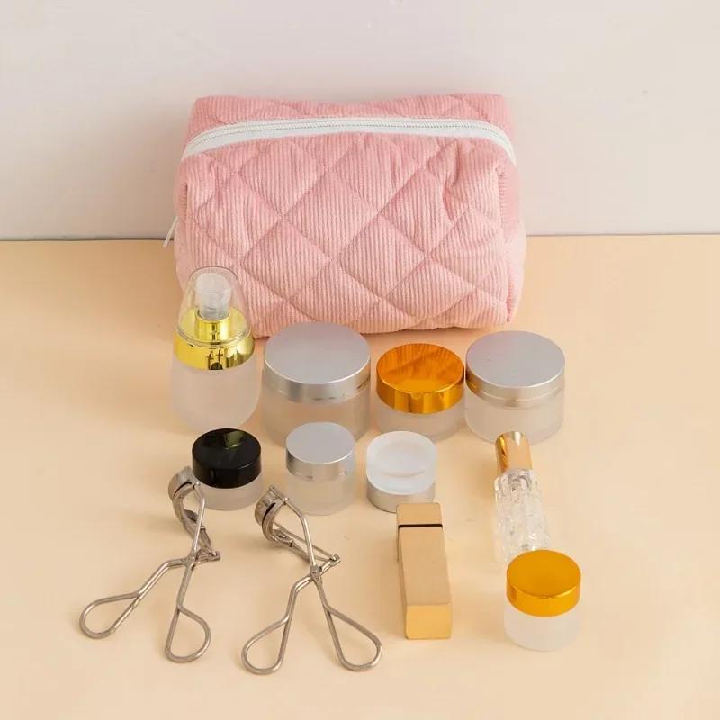 Solid Color Plaid Makeup Bag Travel Cosmetic Pouch Large Soft Cosmetic Organizer Pouch, Zipper Make Up Organizer Toiletry Bags