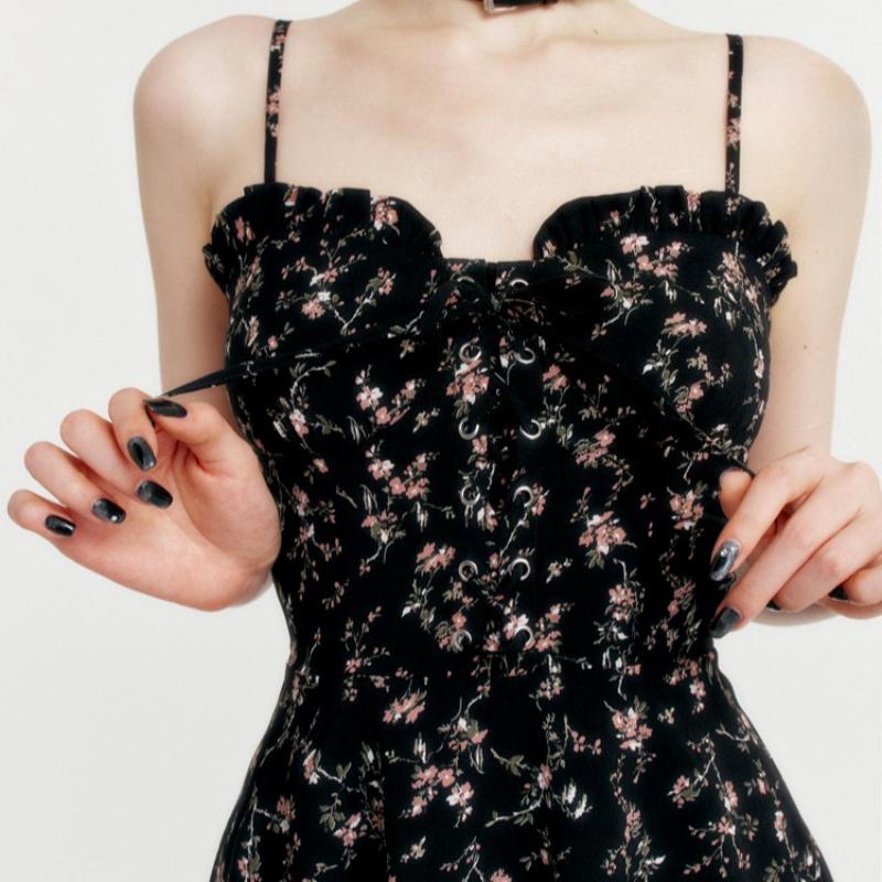 New Women's Black Floral Slip Dress Thin Strap Waist Cinching Bustier Dress Irregular Ruffle Hem Gothic Short Mini Skirt Subculture Girl Party Outfit