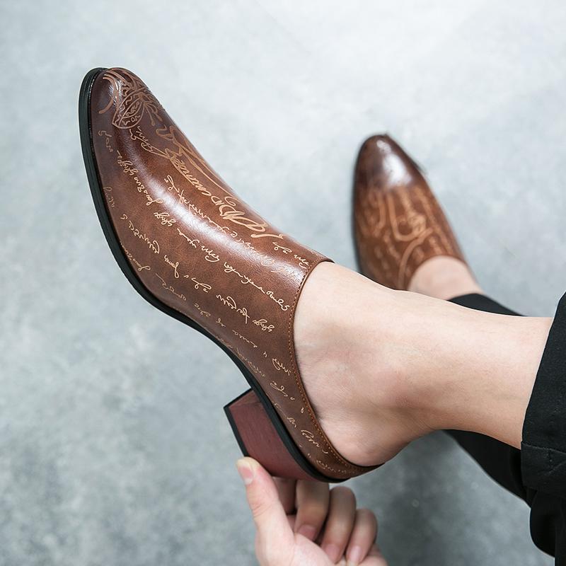 FashionTrendy Classic Retro Men's Genuine Leather Shoes with Printed Design High Heels Half Slippers Versatile Casual Men's Loafers
