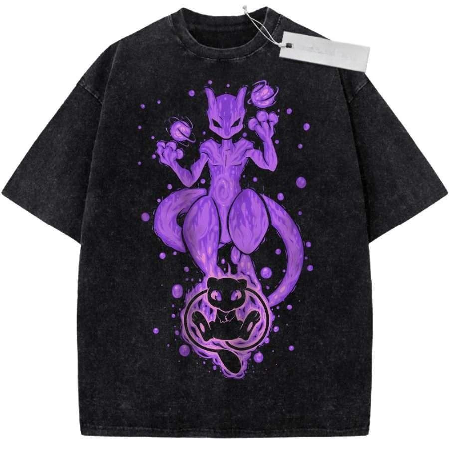 

Black Unisex Pure Cotton Washed Retro Anime Pokemon Mewtwo and Mew Print Short Sleeve Sport T Shirt M