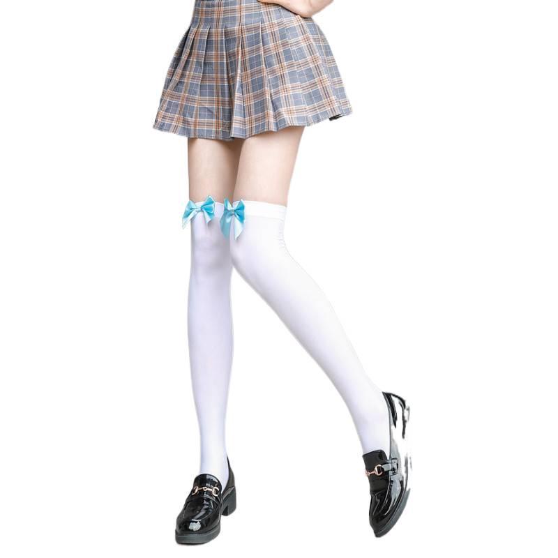 Japanese Lolita Style White Bow Silk Thigh-High Stockings