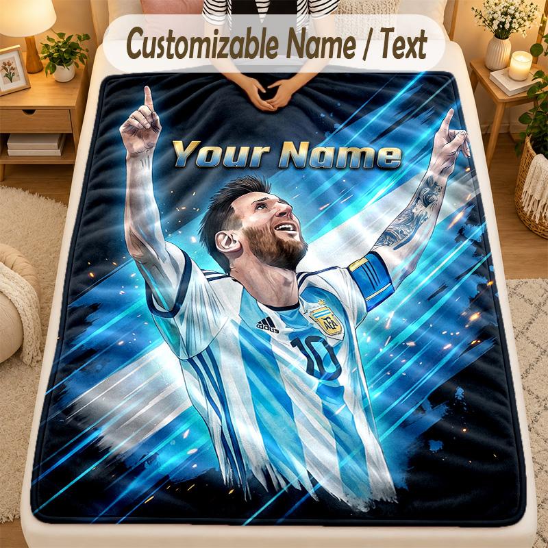 Flannel BlanketLionel Messi Custom Name Text Personalized Soft Warm Throw Blanket Home Decor Gift