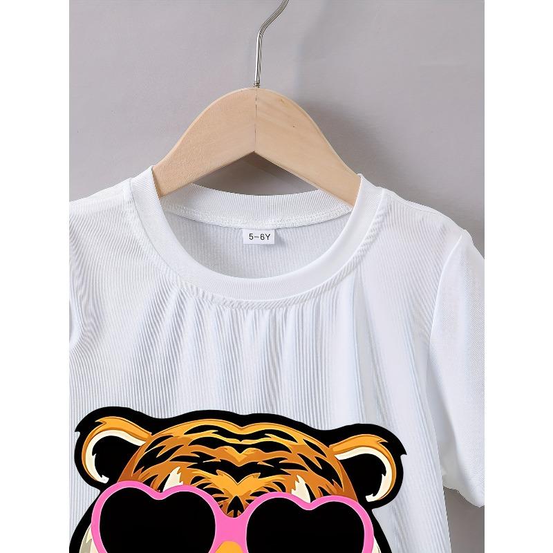 European Size Childrens Crew Neck Short Sleeved T Shirt with Tiger Bubble Blowing Pattern
