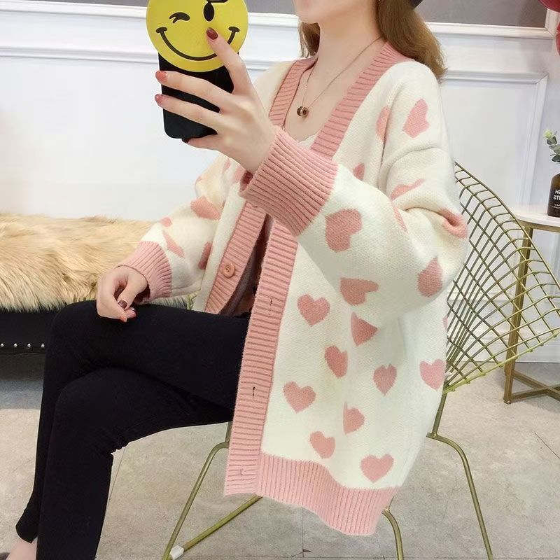 Oversized Heart Design Knit Cardigan Korean Fashion Lazy Style Spring Autumn Winter Cozy Sweater Womens Outerwear