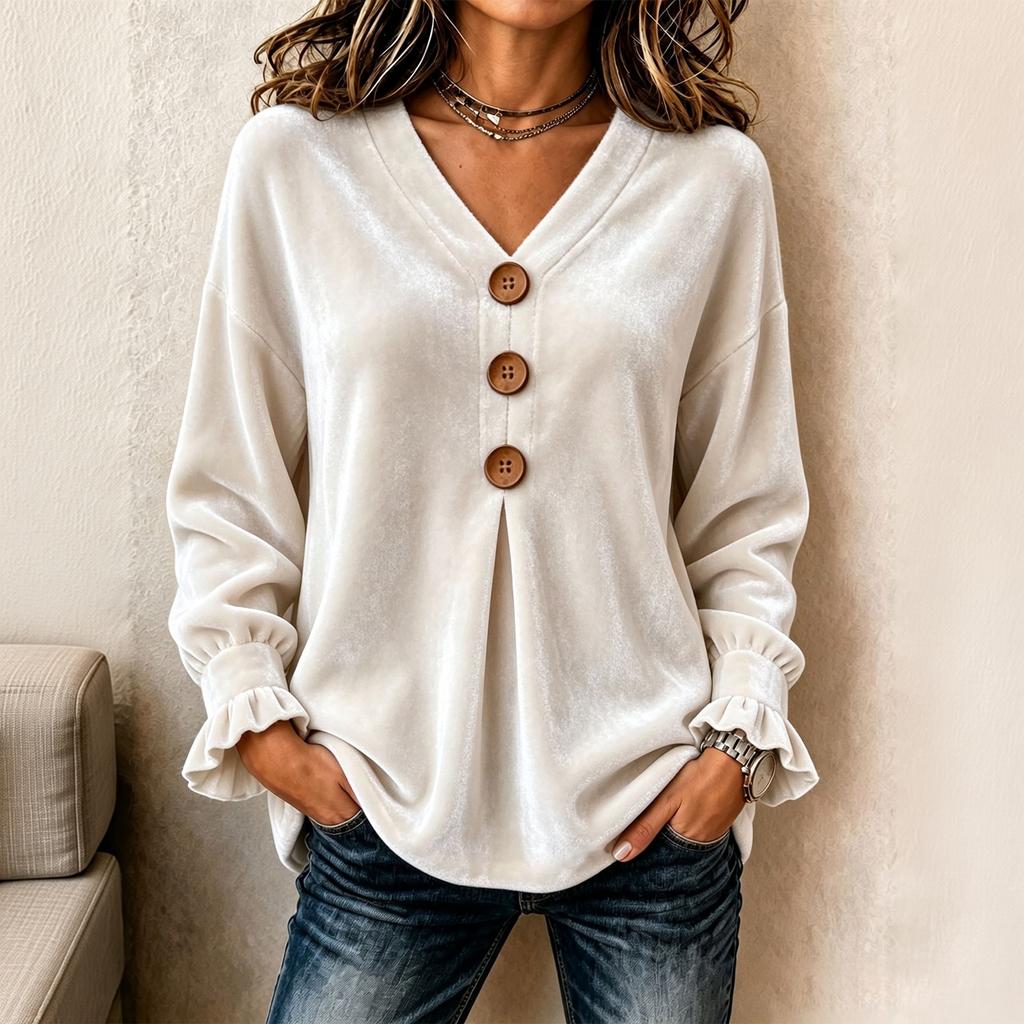Women's Velvet V-Neck Long Sleeve Top Casual Loose Fit Color Blouse
