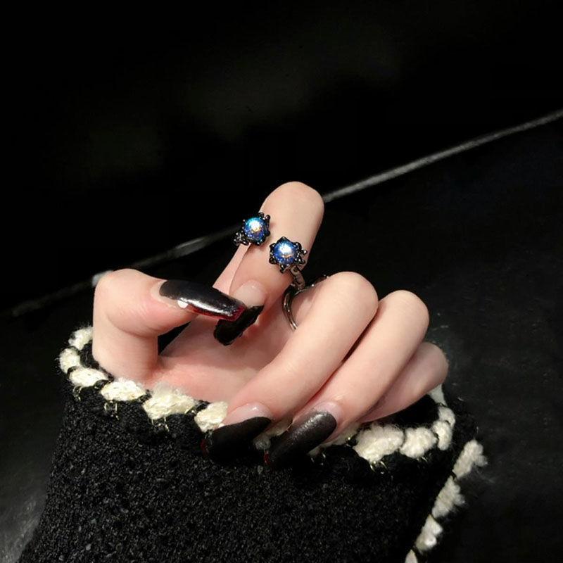 Moonstone~ Gun Black Silver White Ring Ins Temperament Couple Ring Tide Fashion Open Ring