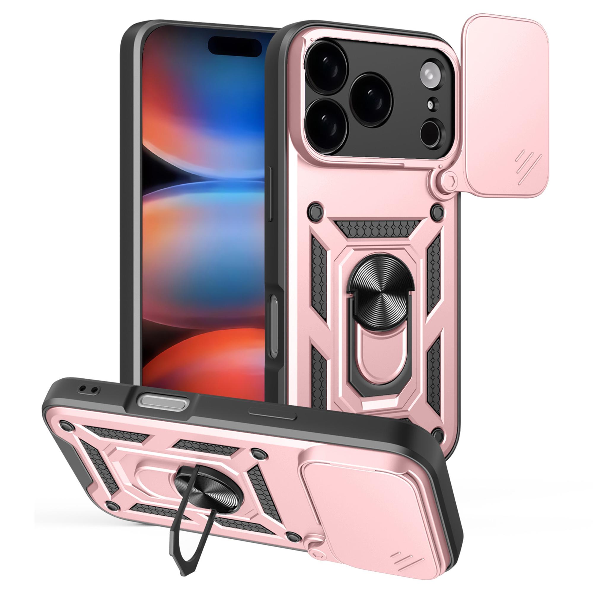 

For iPhone 17 Pro Max Case with Slide Camera Lid PC+TPU Kickstand Phone Cover Rose Gold