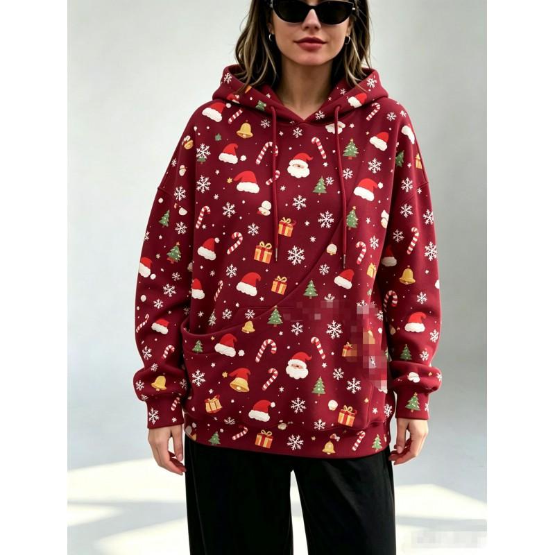 Womens Oversized Christmas Hoodie With 3D Print Loose Fit Large Slant Pockets Long Sleeve Holiday Party Casual Wear