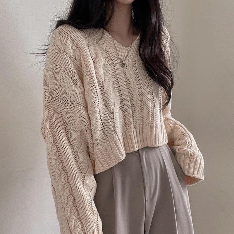 Autumn and Winter Korean Chi Retro Fried Dough Twists Thick Needle Sweater Pullover Short Sleeved Sweater Women