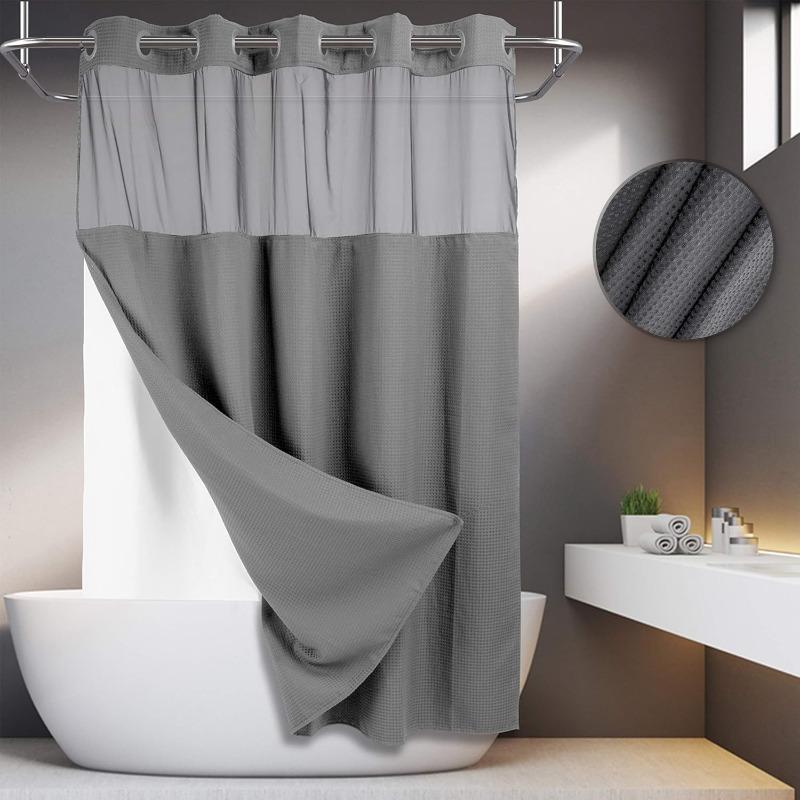 No Hooks Required Dotted Waffle Weave Shower Curtain with Snap In Liner - 71W X 74H,Hotel Grade,Spa Like Bath Curtain,Gray