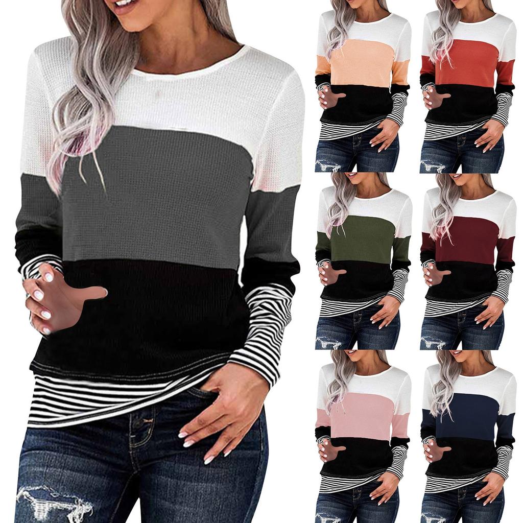 Winter Women's Long-Sleeved Striped  Stitching Sweatershirt Tops