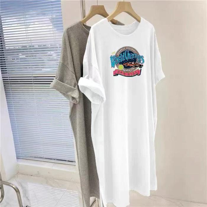 

A Laid-back Style Korean-style Long T-shirt with Loose Prints and A Slit Over-the-knee Short Sleeve Straight Dress for Spring and Summer L белый