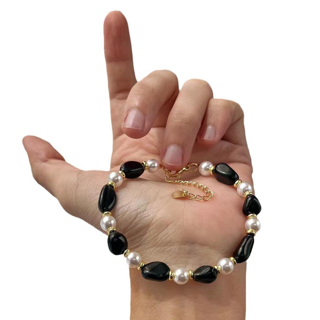 Retro Natural Black Agate Artificial Pearl Contrasting Bracelet