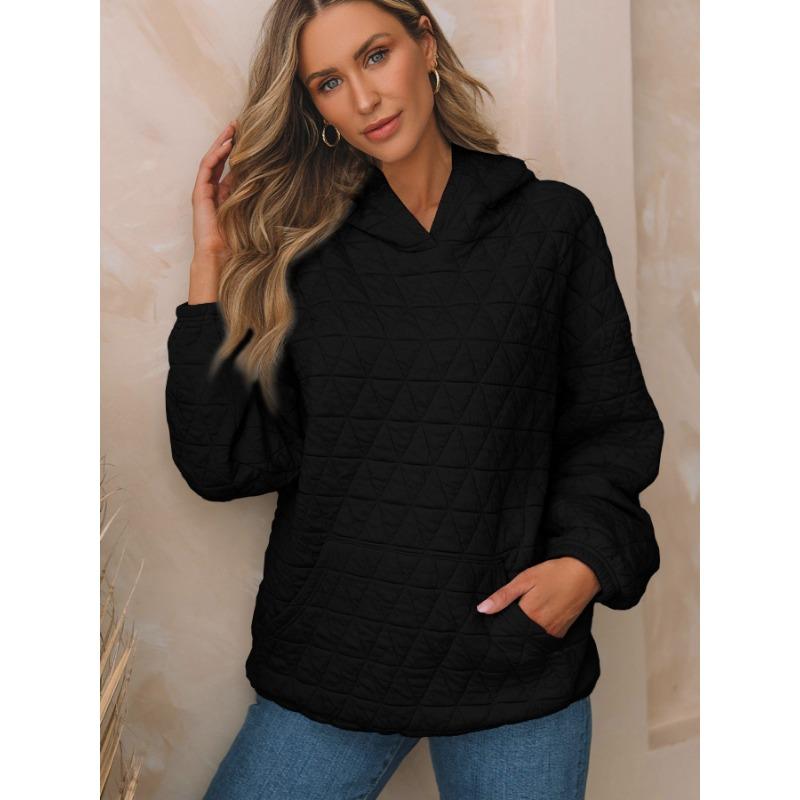Autumn Solid Color Women's Hooded Sweatshirt Casual Wind Pocket Quilted Long Sleeve Top