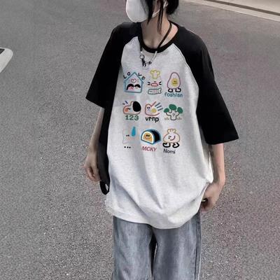 Pure Cotton Rag-shoulder Short-sleeved T-shirt Women's Summer Large-size Fun and Fashionable Printed Contrasting Casual Top