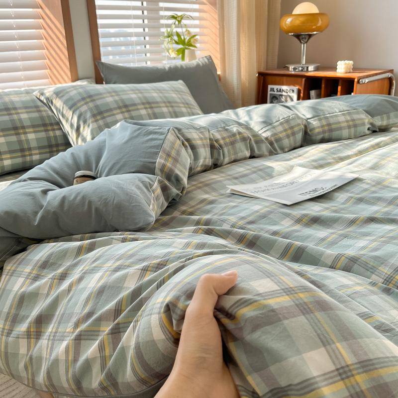 

Хлопковый комплект из 4 предметов из хлопка, окрашенного пряжей и прошедшего стирку, 100% хлопок, клетчатый пододеяльник, студенческое общежитие, набор из трех предметов 1.2 m 3pc quilt 1.5*2m