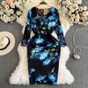 Summer Runway Fashion Rose Flower Print Bodycon Dress Women Holiday O-Neck 3/4 Sleeve Elegant Split Midi Party Dresses