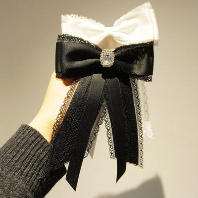 New Black Memorial Black Ribbon Bow Tie Brooch White Fabric Lace Rhinestone Necktie Shirt Collar Pin For Funerals and Mourning