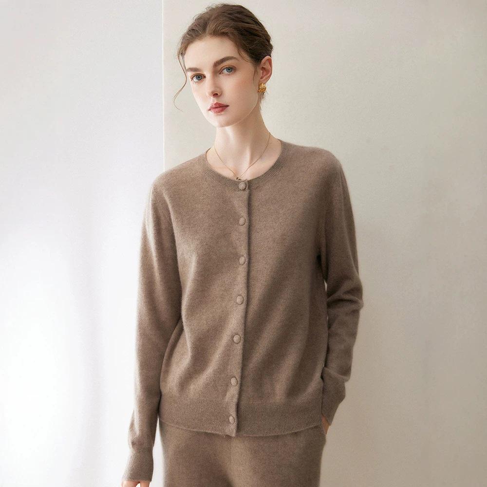 Kangsai Ni Women's 100% Pure Cashmere Round Neck Cardigan - Autumn/Winter Knit Sweater Jacket
