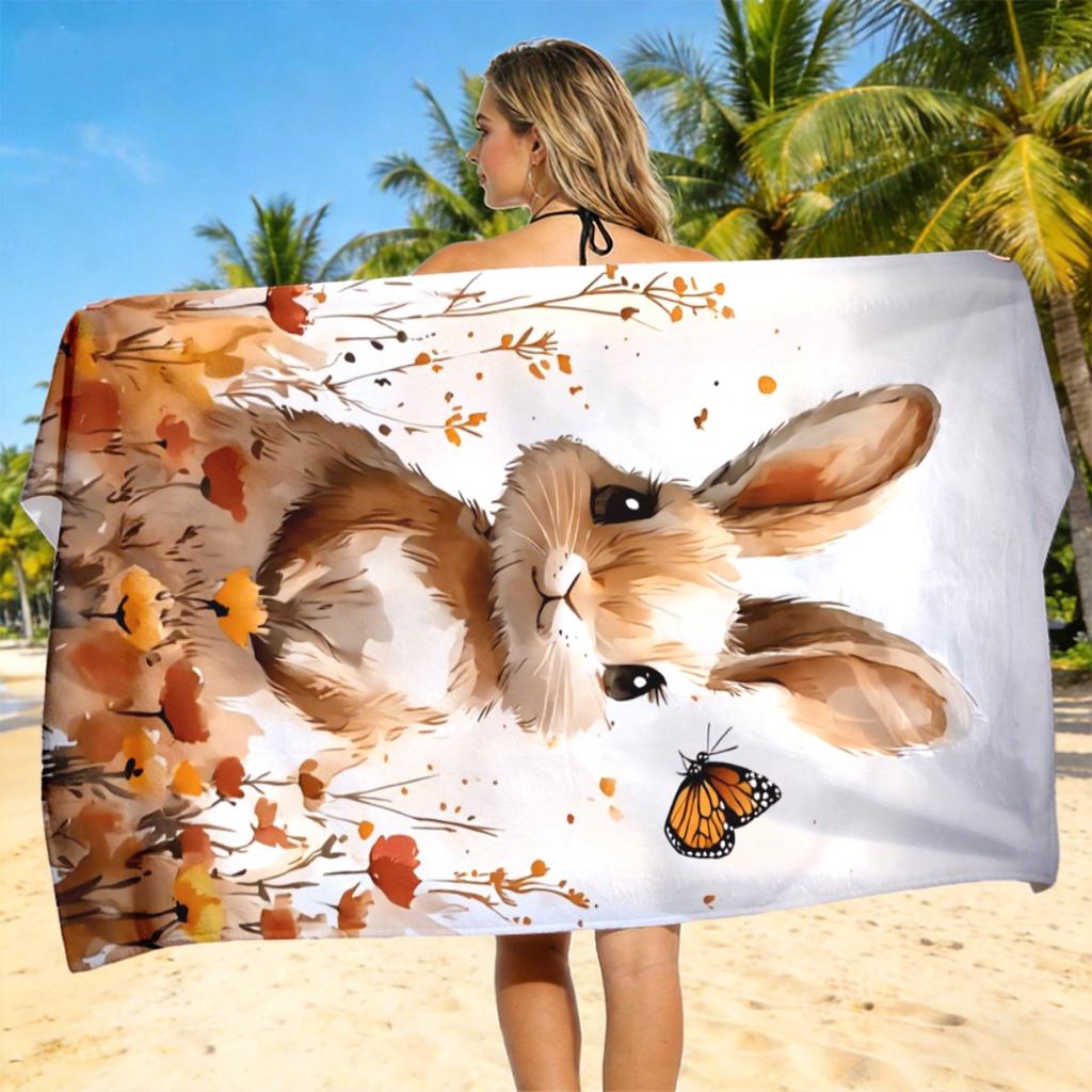 1pc Rabbit Butterfly Beach Towel, Quick-Dry Absorbent, Portable Beach Outings Camping Swimming Pool Travel Bath