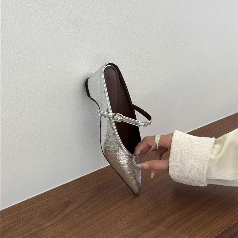 Women's Baotou Half Slippers Spring 2025 French Temperament Gentle Evening Breeze Pointed Button Slope Heel Cool Slippers