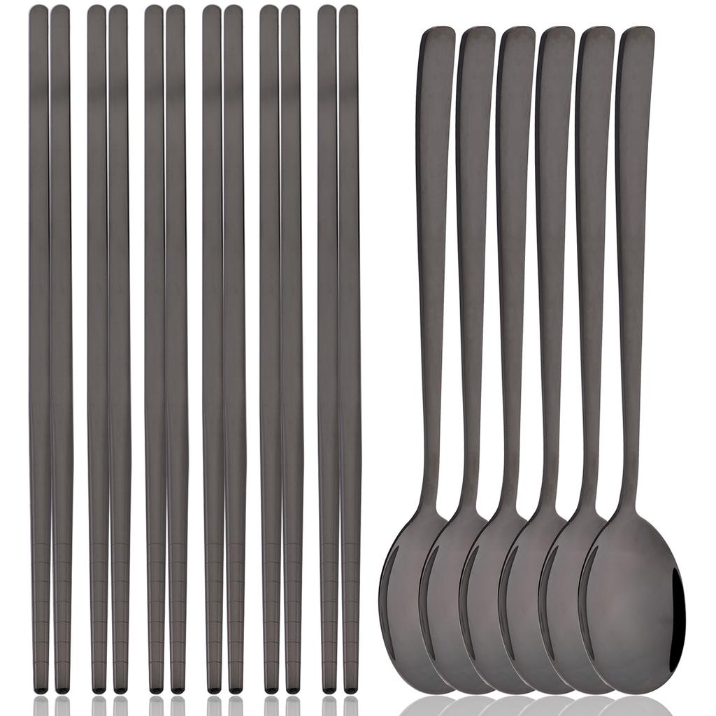 12pcs Colorful Dinnerware Set Korean Style Spoon Non-slip Chopsticks Cutlery Mirror Stainless Steel Flatware Kitchen Tableware