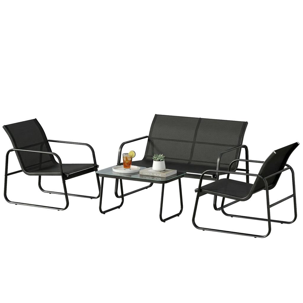 Garden Furniture Set, 4-Piece, Sofa, Armchairs, Coffee Table, Dark Grey and Black