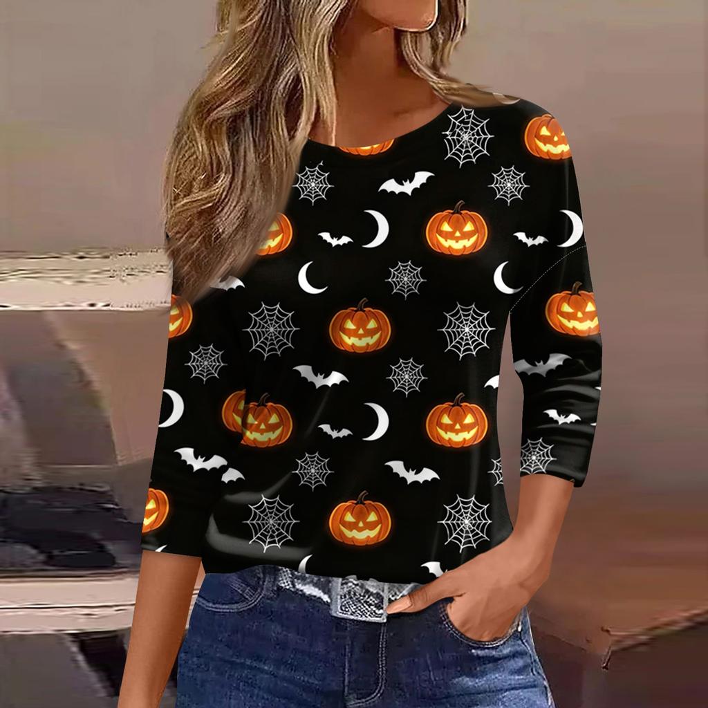 Women's Casual Three-Quarter Sleeve Round Neck Top with Halloween Print for Holiday Outfits
