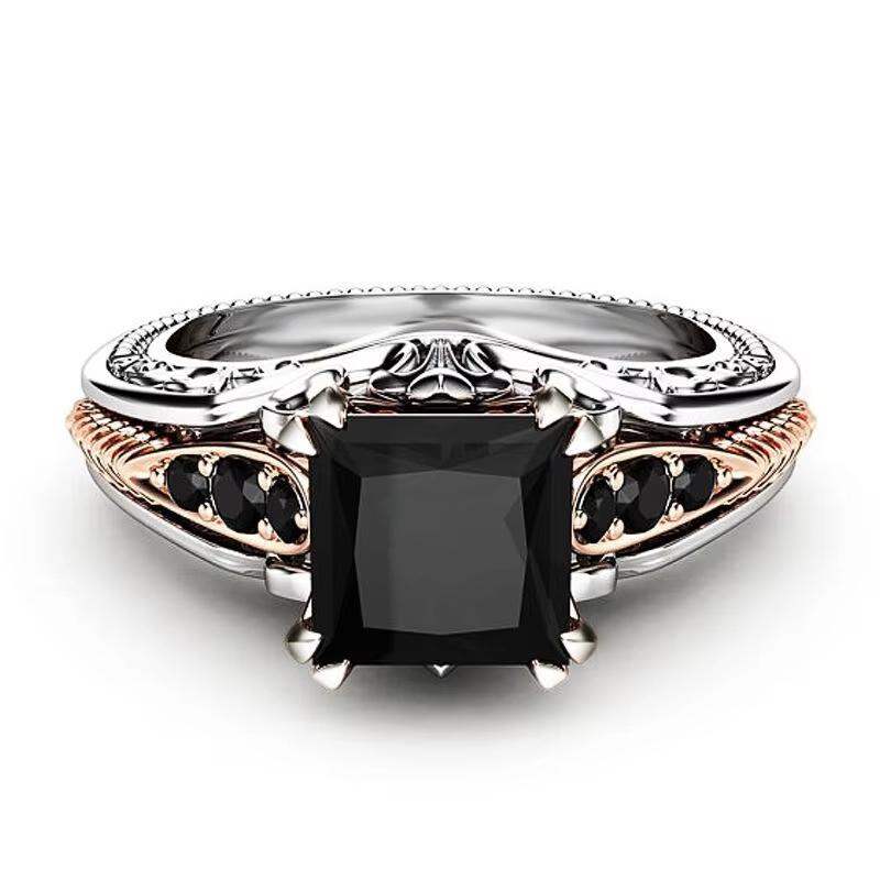 Huajie Women's Classic Black Zircon Geometric Rings Silver Carving Retro Banquet Ring Trendy Tide