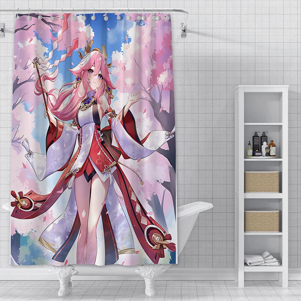 Shower Curtain Genshin Impact Yae Miko Anime Waterproof Fabric Bathroom Curtain With Hooks, Aesthetic Decorative Bath Curtain Fo