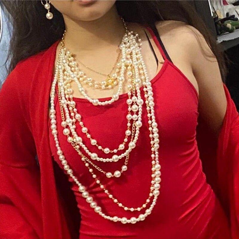 Fashion Style Fashion Exaggerated Handmade Imitation Pearl Rhinestone Flower Multi-Layer Necklace Bride Photo Studio Wedding Photography Accessories