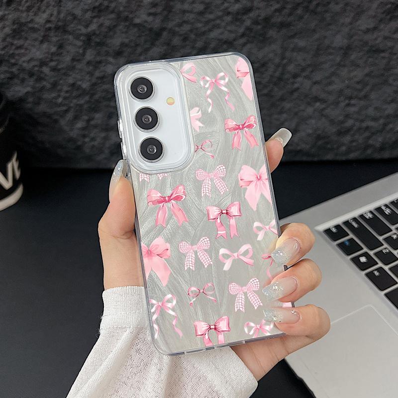 Case For Samsung Galaxy S25 S24 Ultra S23 S24 FE S22 Plus A55 A15 A16 A35 A25 A54 A56 5G Pink Bow Pattern Laser Hard Phone Cover