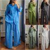 Wide Leg Pants Set Autumn Female European and American Leisure Loose Cotton-Linen Shirt Button Loose Pants Two-piece Set