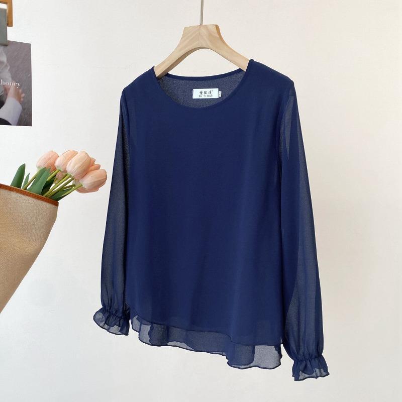 Spring and Summer New Women's Round Neck Long-sleeved Bottoming Top Loose Thin Outer Chiffon Shirt