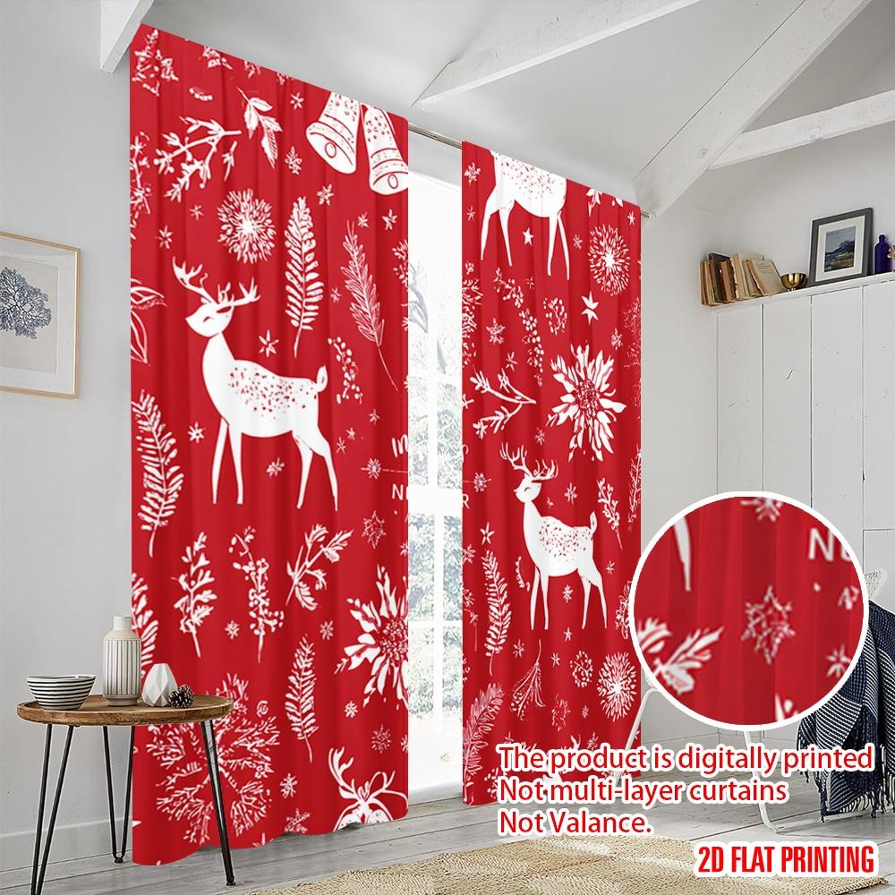 2pcs,2D Plane Printing Curtain Popular Christmas Reindeer and Bells Durable 100% Polyester Fabric (without Rod) Decorations
