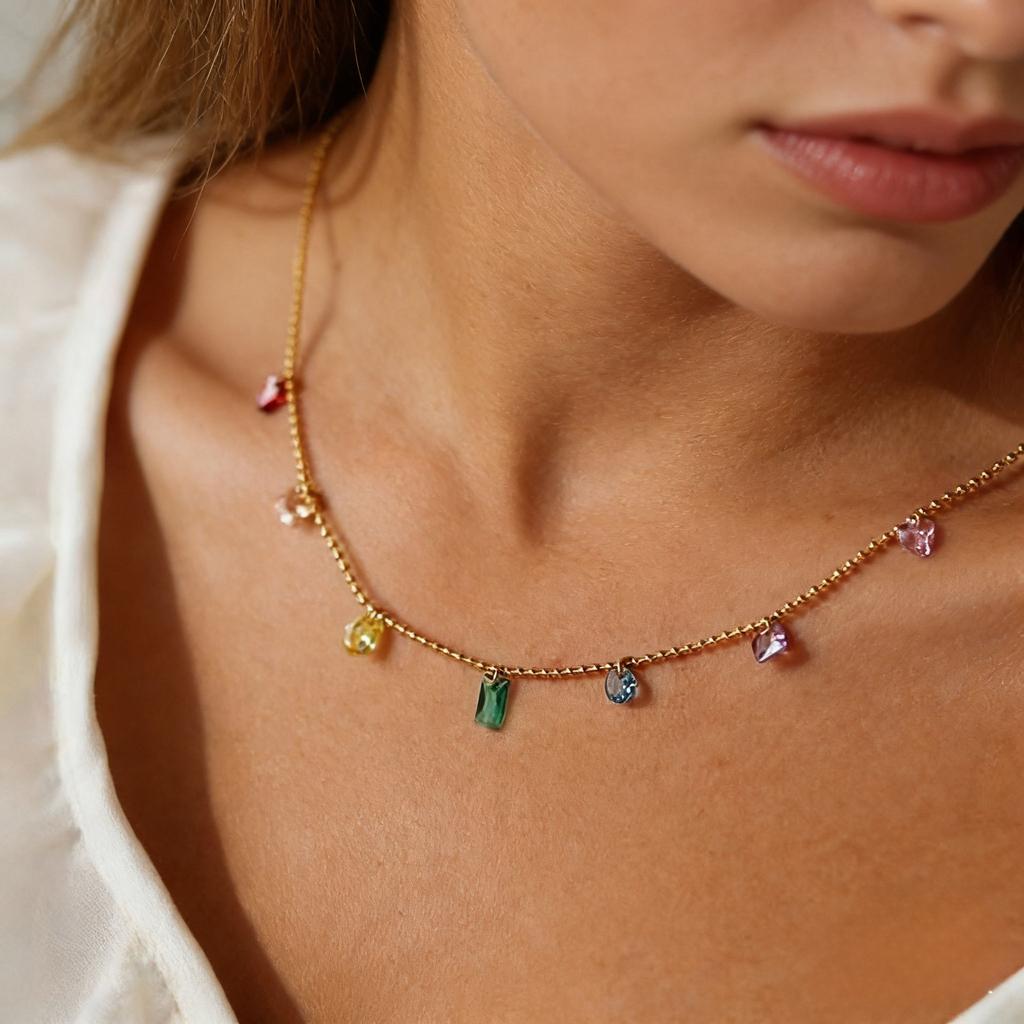 Full Diamond Necklace, Colored Gemstone Necklace, Stacked Temperament Titanium Steel 18K Gold Zircon Necklace Does Not Fade Women