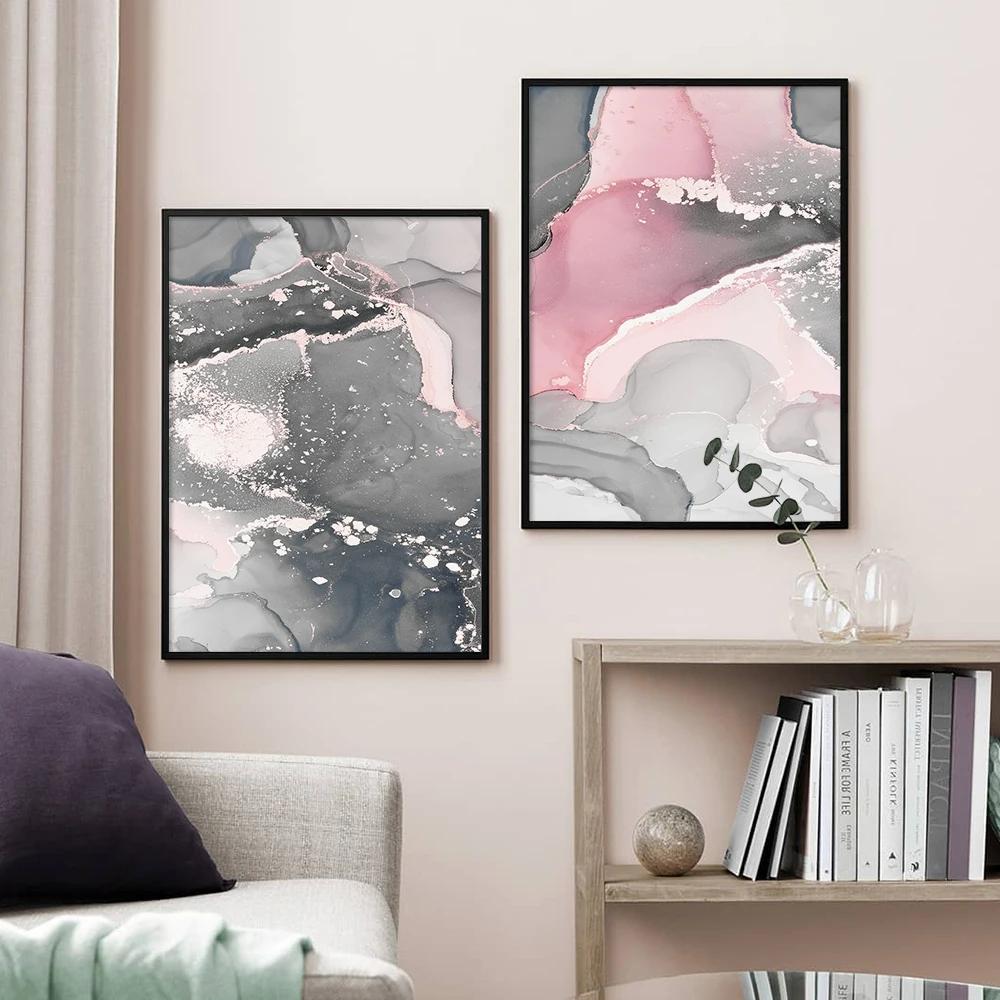 Skandinavisch Abstrakt Rosa Grau Marmor Poster Drucke Leinwand Malerei Wandkunst Bilder Nordischer Stil Wohnzimmer Heimdekoration