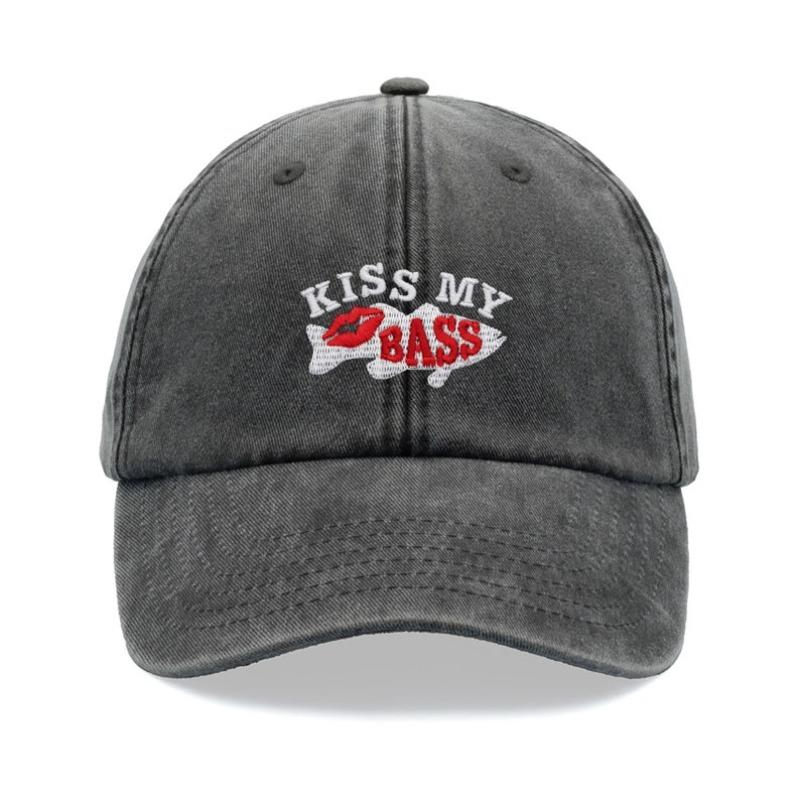 1pc "Kiss My Bass"leisure Unisex Baseball Cap,outdoor Windproof Vintage Washed Dad Skull Hat Suitable for Fishing,holiday,tralve